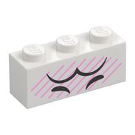 Lego Brick 1 x 3 with Black Eyes, Eyebrows, Bright Pink Lines Print / White