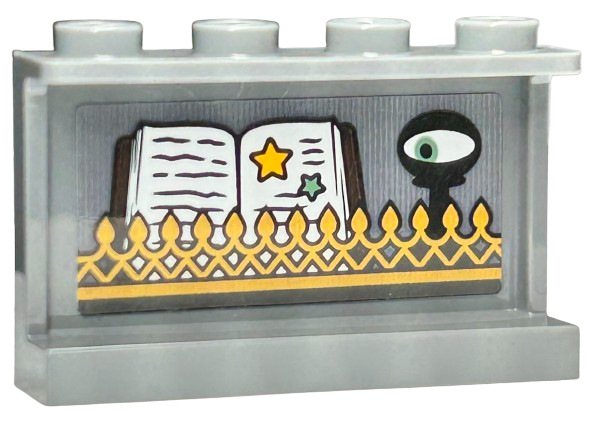 Lego Panel 1 x 4 x 2 with Side Supports - Hollow Studs with Gold Ornate Fence with Spikes, Sand Green Eye in Black Stand, Open Book with Writing and Stars Pattern (Sticker) - Set 76411