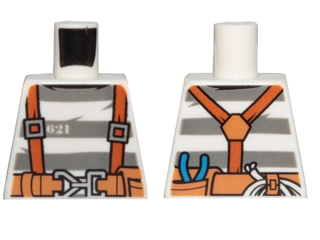 Lego Torso Town Prisoner Number 621, Gray Stripes, Suspenders and Belt with Pliers and Rope Pattern / White
