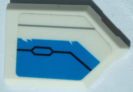 Lego Tile, Modified 2 x 3 Pentagonal with Dark Azure Panel, Black and Light Bluish Gray Lines Pattern Model Right Side (Sticker) - Set 70673 / White
