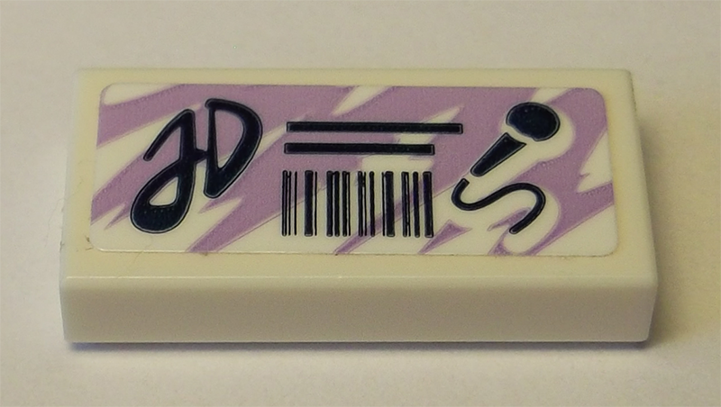 Lego Tile 1 x 2 with Medium Lavender Swirl Background and Black 'JD', Barcode and Microphone Pattern (Sticker) - Set 41342 / White