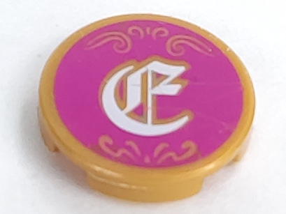 Lego Tile, Round 2 x 2 with Bottom Stud Holder with Filigree and White Character on Magenta Background Pattern