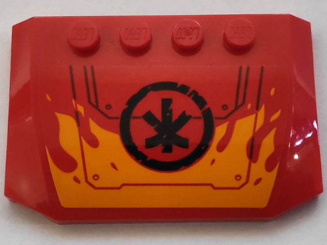 Lego Wedge 4 x 6 x 2/3 Triple Curved with Bright Light Orange Flames, Hull Plates with Rivets, and Black Ninjago Logogram Letter K in Circle Pattern (Sticker) - Set 70675