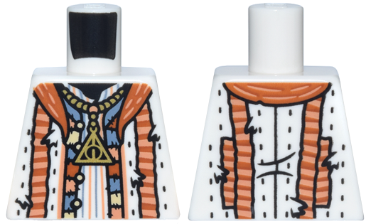 Lego Torso Robe Tattered with Nougat, Dark Orange and Sand Blue Stripes and Patchwork Trim, and Gold Triangle Necklace Pattern (HP Deathly Hallows) / White