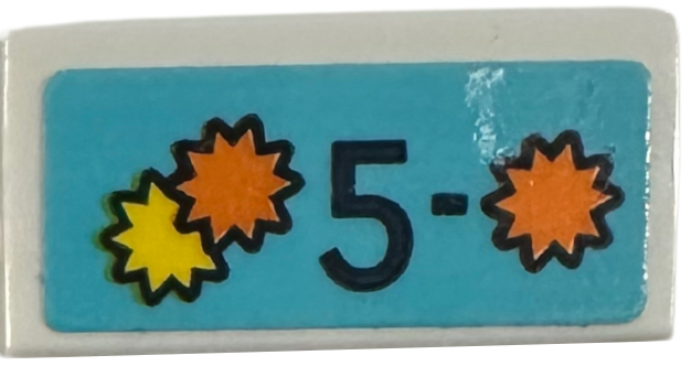 Lego Tile 1 x 2 with '5-', Yellow and Orange Starbursts on Medium Azure Background Pattern (Sticker) - Set 42614