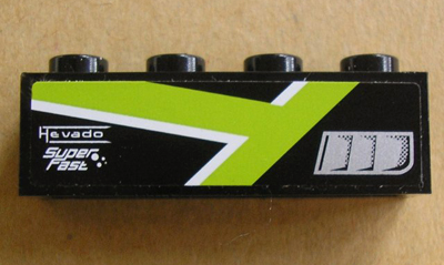 Lego Brick 1 x 4 with Silver Intake, Lime T Stripe and 'Hevado Super Fast' Pattern Model Right Side (Sticker)- Set 8154 / Black