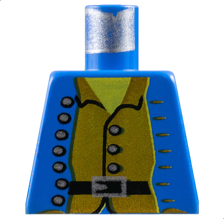 Lego Torso Pirate Jacket Open with Silver Buttons over Brown Shirt, Black Belt with Buckle, Yellow Neck Pattern / Blue