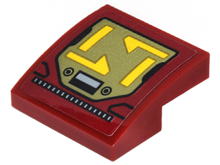Lego Slope, Curved 2 x 2 x 2/3 with Display with Yellow Shapes on Olive Green Screen Pattern (Sticker) - Set 70592 / Dark Red