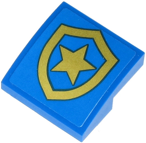 Lego Slope, Curved 2 x 2 x 2/3 with Gold Police Star Badge Logo with Black Border Pattern (Sticker) - Set 60243 / Blue