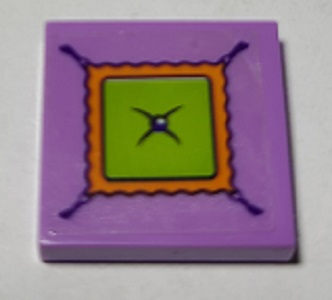 Lego Tile 2 x 2 with Lime, Orange and Medium Lavender Cushion and Button Pattern (Sticker) - Set 41369 / Medium Lavender