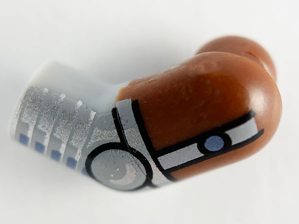 Lego Arm, Left with Reddish Brown Short Sleeve, Silver Armor Pattern / Light Bluish Gray