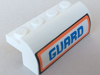 Lego Slope, Curved 2 x 4 x 1 1/3 with 4 Recessed Studs with 'GUARD' Pattern (Sticker) - Set 7738 / White