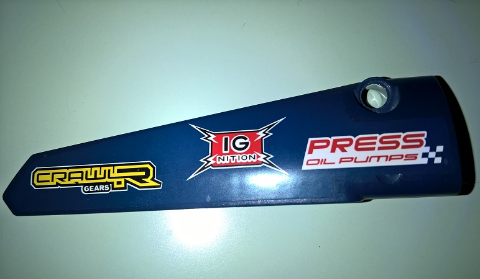 Lego Technic, Panel Fairing # 6 Long Smooth, Side B with 'CRAWLR GEARS', 'IG NITION' and 'PRESS OIL PUMPS' Pattern (Sticker) - Set 41999