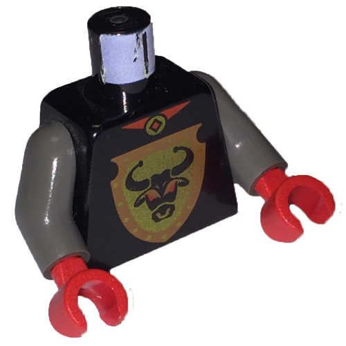 Lego Torso Bull's Head on Brown Shield Print, Dark Gray Arms, Red Hands / Black