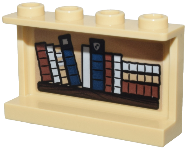 Lego Panel 1 x 4 x 2 with Side Supports - Hollow Studs with Wooden Shelf with 11 Dark Blue, Dark Tan, Light Bluish Gray and Reddish Brown Books Pattern on Inside (Sticker) - Set 76385