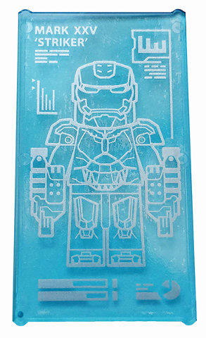 Lego Glass for Window 1 x 4 x 6 with Iron Man Armor 'MARK XXV STRIKER' Pattern (Sticker) - Set 76125 / Trans-Light Blue