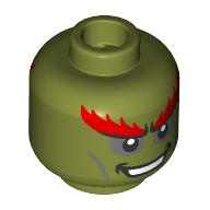 Lego Minifig Head Ganondorf, Large Red Eyebrows, Dark Bluish Grey Eyeshadows, Lines, White Eyes, Mean Smile / Yellow Eyes, Angry / Olive Green