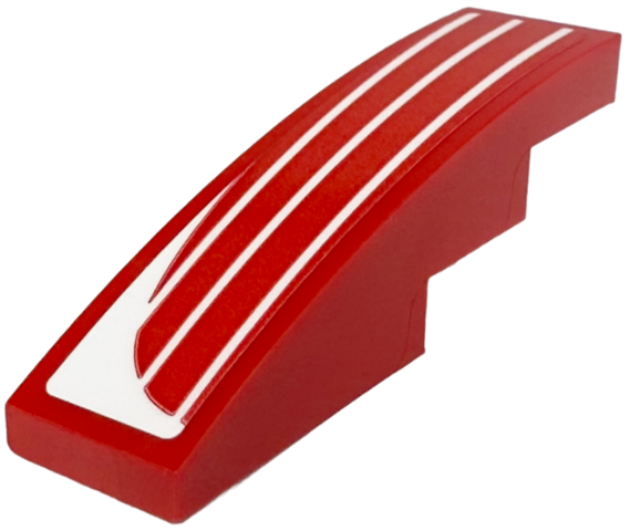 Lego Slope, Curved 4 x 1 with 3 White Lines and Curved Corner Pattern Model Right Side (Sticker) - Set 76916 / Red