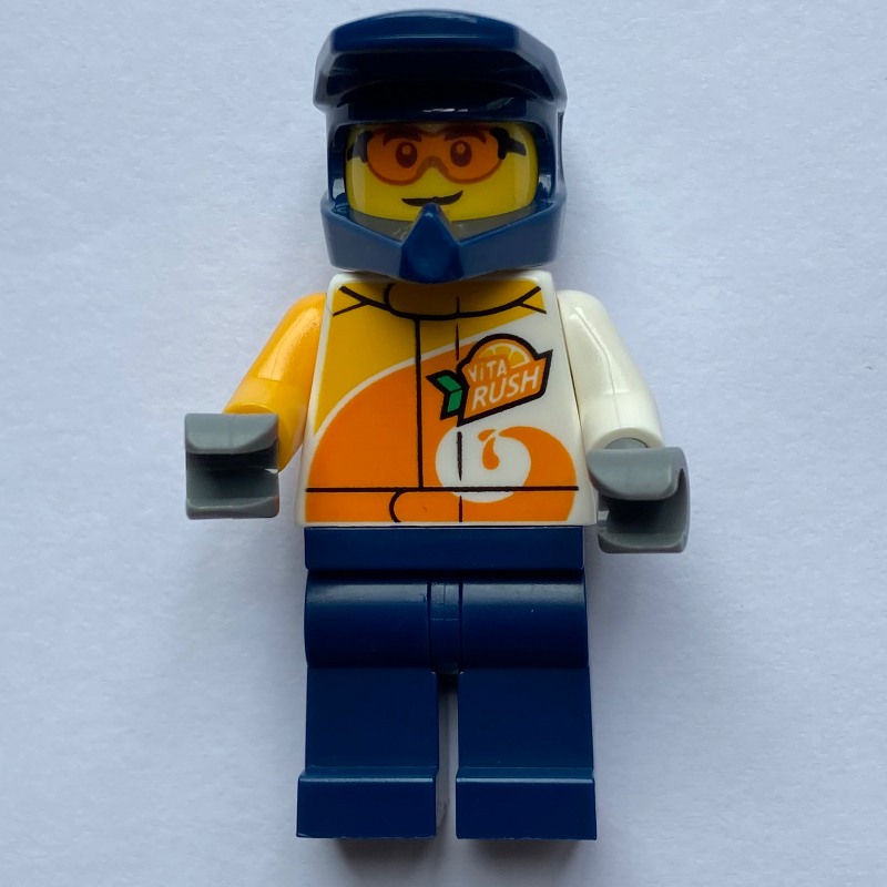 Lego Stunt Driver, White and Orange Race Jacket, Dark Blue Legs and Helmet