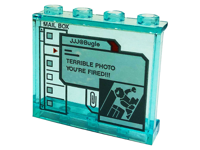 Lego Panel 1 x 4 x 3 with Side Supports - Hollow Studs with Display Screen with 'MAIL BOX', 'JJJ@Bugle', 'TERRIBLE PHOTO YOU'RE FIRED!!!' and Spider-Man Pattern (Sticker) - Set 76175