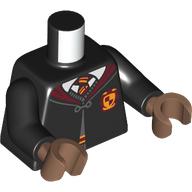 Lego Torso Robe with Clasp, Dark Red Collar, White Shirt, Red and Yellow Tie, Gryffindor Crest print, Black Arms, Medium Brown Hands