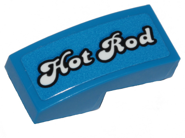Lego Slope, Curved 2 x 1 x 2/3 with White 'Hot Rod' Pattern Model Left Side (Sticker) - Set 40409 / Blue