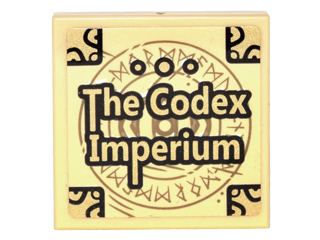 Lego Tile 2 x 2 with Book Cover with Gold Corners, Runes, and 'The Codex Imperium' Pattern (Sticker) - Set 76060 / Tan