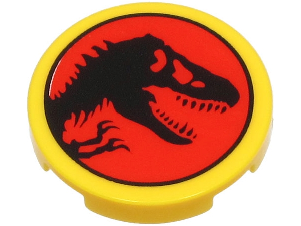 Lego Tile, Round 2 x 2 with Bottom Stud Holder with Black Dinosaur on Red Background (Jurassic Park Logo) Pattern / Yellow