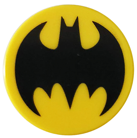 Lego Tile, Round 2 x 2 with Bottom Stud Holder with Black Bat Batman Logo Pattern