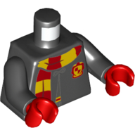 Lego Torso Robe Clasped, with Gryffindor Crest and Scarf Print, Black Arms, Red Hands / Black