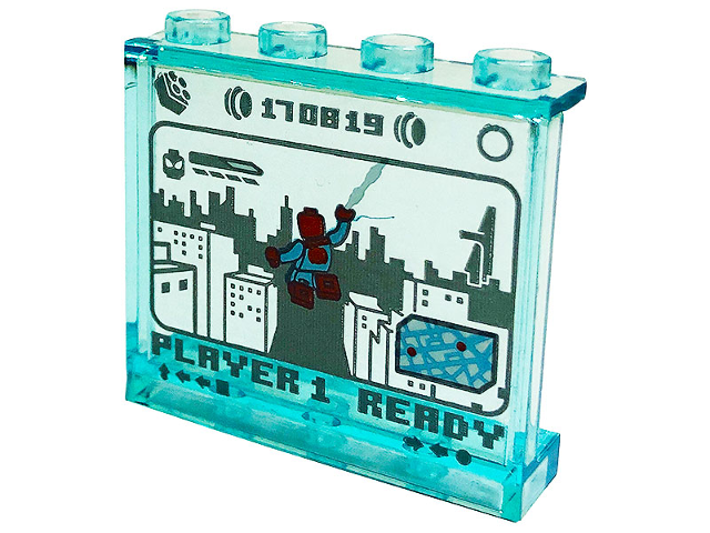 Lego Panel 1 x 4 x 3 with Side Supports - Hollow Studs with Display Screen with Spider-Man, 'PLAYER 1 READY', '170819' and City Skyline Pattern (Sticker) - Set 76175