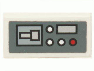 Lego Tile 1 x 2 with Control Panel with Red and White Buttons on Dark Bluish Gray Background Pattern Model Left Side (Sticker) - Set 7661