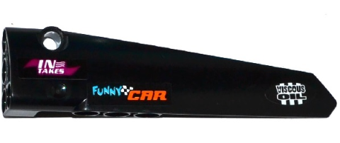 Lego Technic, Panel Fairing # 5 Long Smooth, Side A with 'IN TAKES', 'FUNNY CAR' and 'VISCOUS OIL' Pattern (Stickers) - Set 42050 / Black