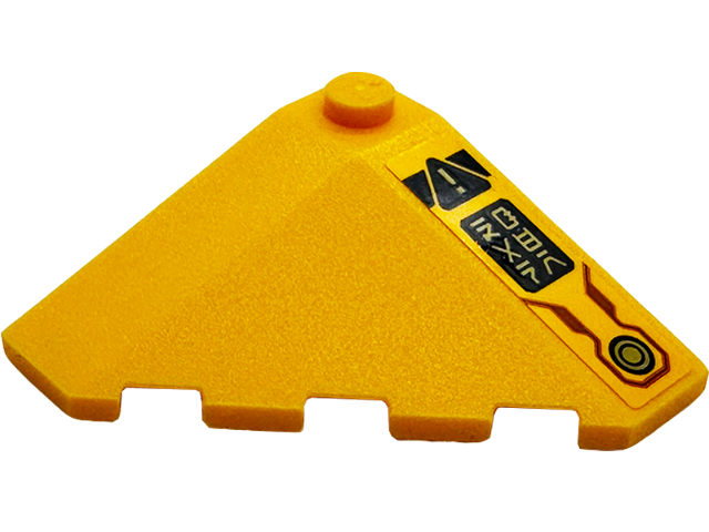 Lego Wedge 4 x 4 (Slope 18 Corner) with Gold Circle, Exclamation Mark in Danger Triangle and Ninjago Logogram 'DANGER' on Black Background Pattern Model Right Side (Sticker) - Set 71833