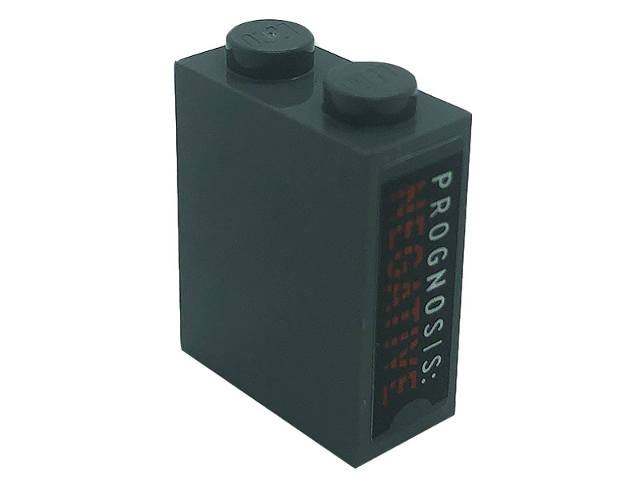 Lego Brick 1 x 2 x 2 with Inside Stud Holder with 'PROGNOSIS:' and 'NEGATIVE' on Black Background Pattern (Sticker) - Set 21328