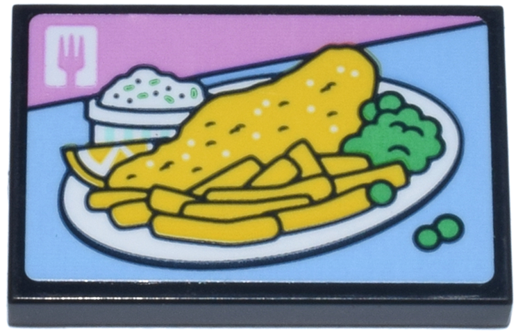 Lego Tile 2 x 3 with Television Screen with Food Channel Show Pattern (Sticker) - Set 42670 / Black