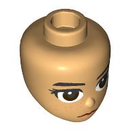 Lego Minidoll Head, Straight Black Eyebrows, Freckles, Reddish Brown Eyes, Light Lips / Warm Tan
