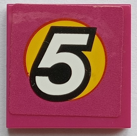 Lego Tile 2 x 2 with White Number 5 in Yellow Circle Pattern (Sticker) - Set 60288 / Magenta