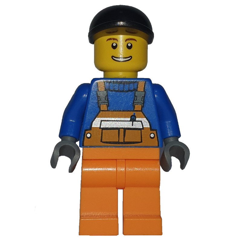 Lego Construction Worker, Orange Overalls over Blue Sweater, Black Cap