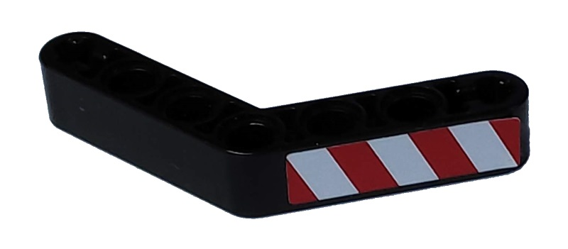 Lego Technic, Liftarm, Modified Bent Thick 1 x 7 (4 - 4) with Red and White Danger Stripes Pattern Model Left Side (Sticker) - Set 8292 / Black