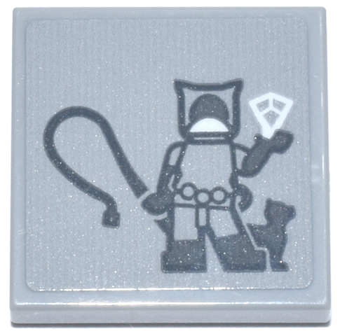 Lego Tile 2 x 2 with Dark Bluish Gray Catwoman Minifigure with Cat, Whip and White Jewel Pattern (Sticker) - Set 76271 / Light Bluish Gray