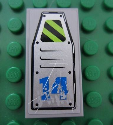 Lego Tile 2 x 4 with Vent Panel Scratched with Danger Stripes and Blue '14' Pattern (Sticker) - Set 8189 / Light Bluish Gray