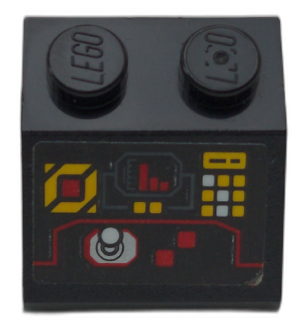Lego Slope 45 2 x 2 with Control Panel with Red, White and Yellow Buttons, Red Bar Chart and Silver Joystick Pattern (Sticker) - Set 70923 / Black