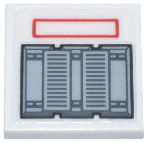 Lego Tile 2 x 2 with Light Bluish Gray and Black Mechanical Panel, Dark Bluish Gray Air Vents and Red Rectangle Pattern (Sticker) - Set 75357