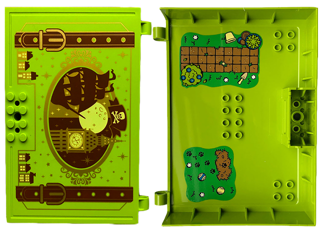 Lego Container, Book Cover Half, 16 x 12 x 2 2/3 with Lock Compartment (Storybook Adventures) with Reddish Brown Straps and Ship, Gold Trim and Big Ben and Balls, Black Paw Prints, Plants, Plant Pot and Bright Green Grass Pattern (Stickers) - Set 43220