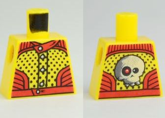 Lego Torso Racers with 5 Buttons, Black Dots Front, Red Eye Skull Back Pattern / Yellow