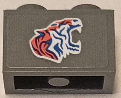 Lego Brick 1 x 2 with Blue, Coral and White Roaring Tiger Pattern Model Right Side (Sticker) - Set 75573 / Dark Bluish Gray