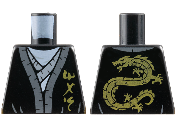 Lego Torso Robe with Dark Bluish Gray Hem, Gold Ninjago Logogram 'MAS', Light Bluish Gray Tunic Pattern / Black