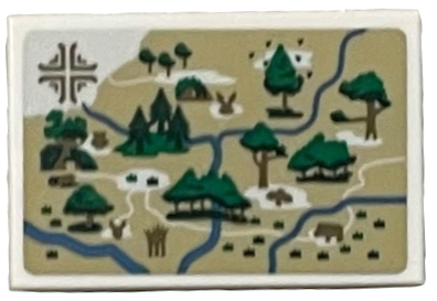 Lego Tile 2 x 3 with Tan Map of The Hundred Acre Wood with River and Green Trees Pattern (Sticker) - Set 21326 / White