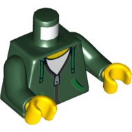 Lego Torso Hoodie with Silver Zipper and Green Ties and Pockets over White Shirt Print, Dark Green Arms, Yellow Hands / Dark Green